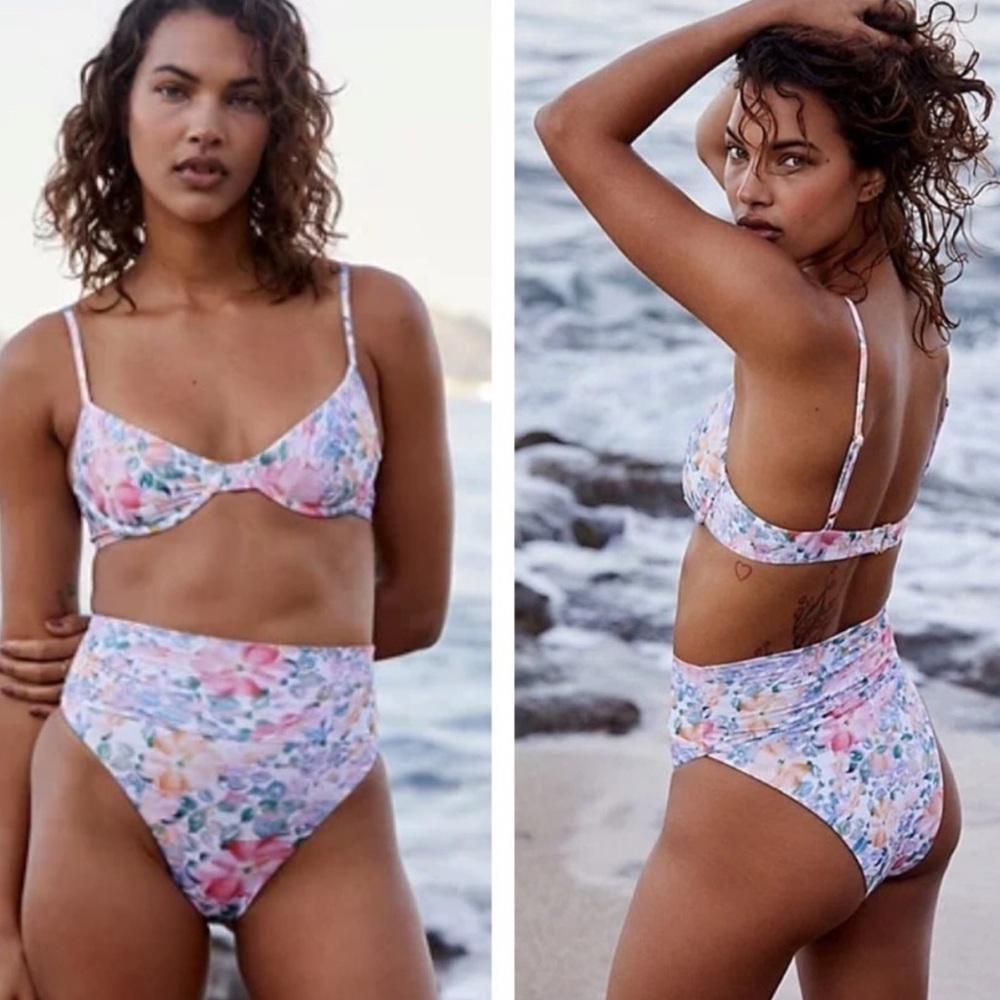 Free People Floral High-Waist Bikini Bottom in Pastel Pink and Blue